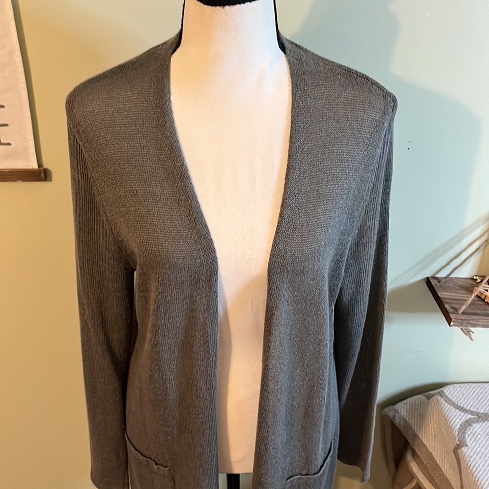 J.Jill linen blend longline lightweight front pockets split hems cardigan - Picture 3 of 16